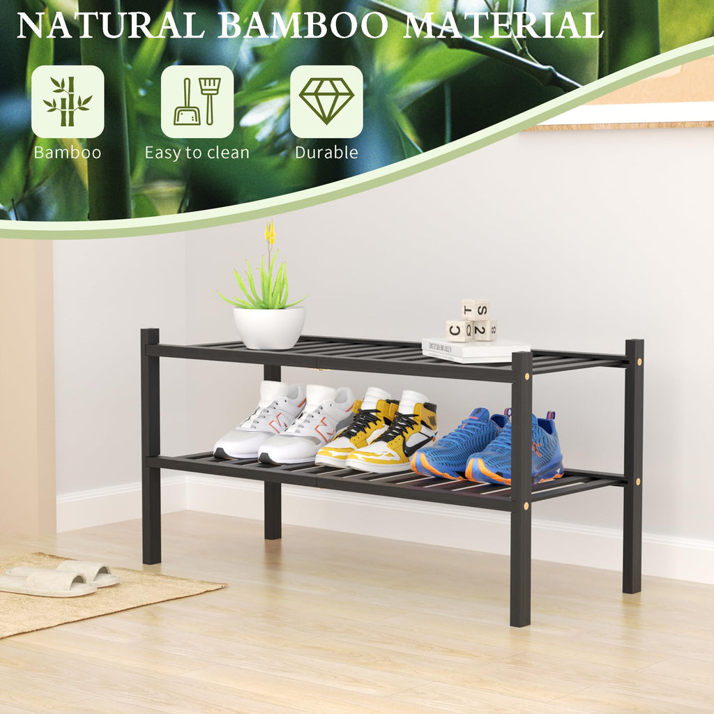 ROMGUAR CRAFT 2-Tier Bamboo Long Shoe Rack, Free Standing Wood Shoe Shelf Storage Organizer for Closet Entryway Stackable 35"x11"x13" (Black)