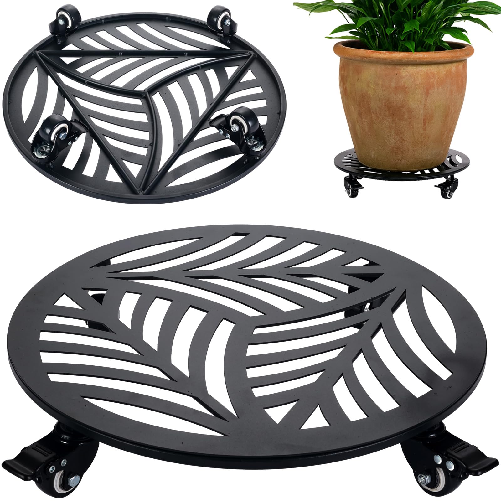 1 Pack 12 inches Large Metal Plant Caddy with 3 PU Metal Wheels Rolling Plant Stand with Casters Indoor Outdoor Wheeled Planter Roller Base Pot Movers Plant Dolly Coaster Trolley Black