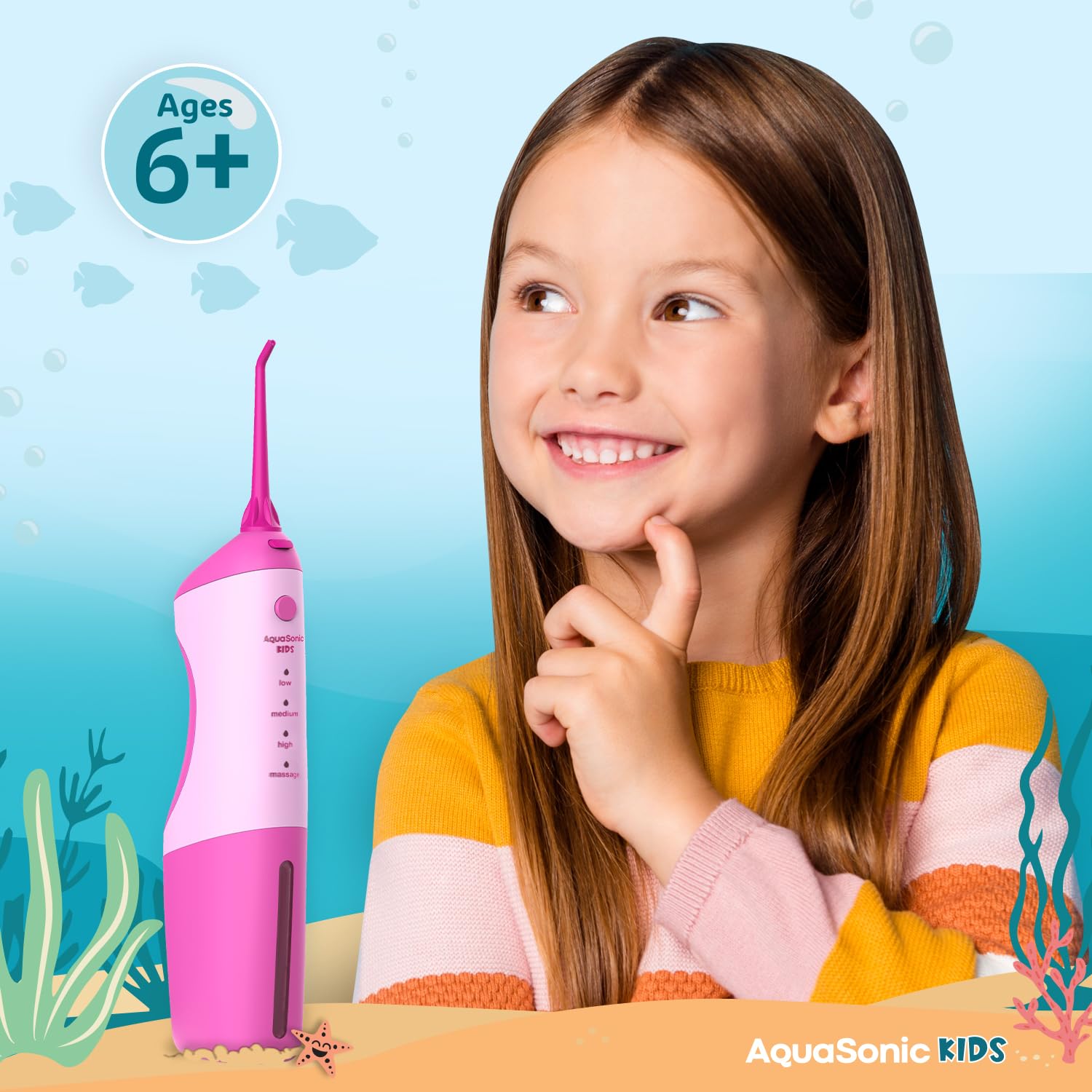 AquaSonic Kids' Water Flosser for Ages 6+ | Standard Nozzle, Orthodontic Nozzle & Waterproof Stickers | 4 Flossing Modes | Aquarium Adventures Theme (Blue)