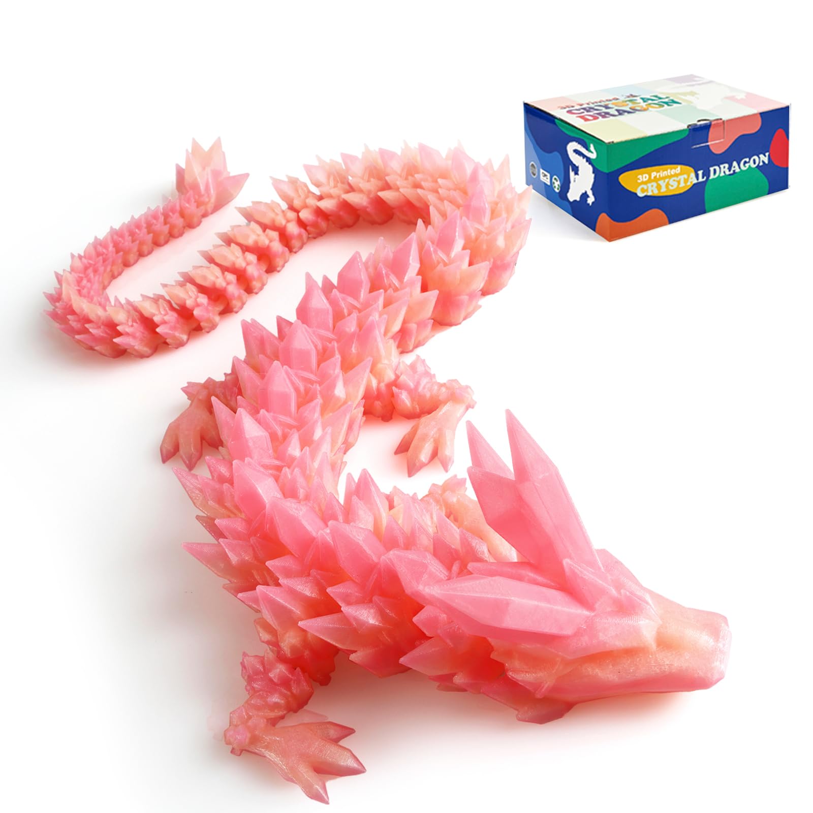 24" Large 3D Printed Dragon - Huge Articulated Crystal Dragon Fidget Toy, Giant Flexible 3D Dragon Figure, Birthday Gift for Boys Girls Kids & Collectors, Home Office Executive Desk Decor