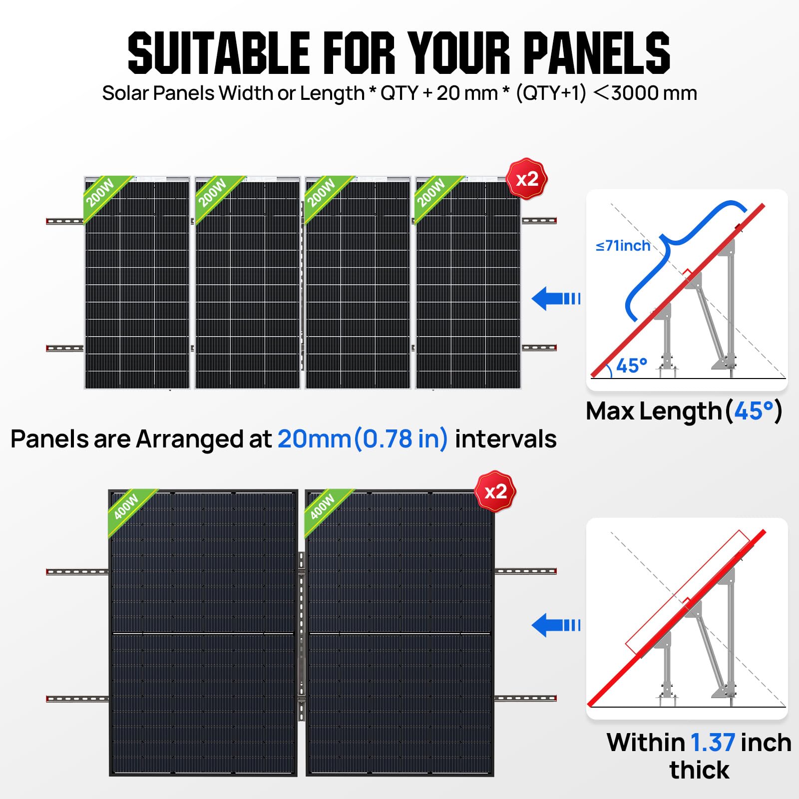 ECO-WORTHY Upgraded Solar Ground Mount Adjustable Multi-Pieces Solar Panel Mounting Brackets Kit System for 4pcs 200W/3pcs 300W/2pcs 400W Solar Panels for Ground,Open Space, Cabins and Backyard Sheds