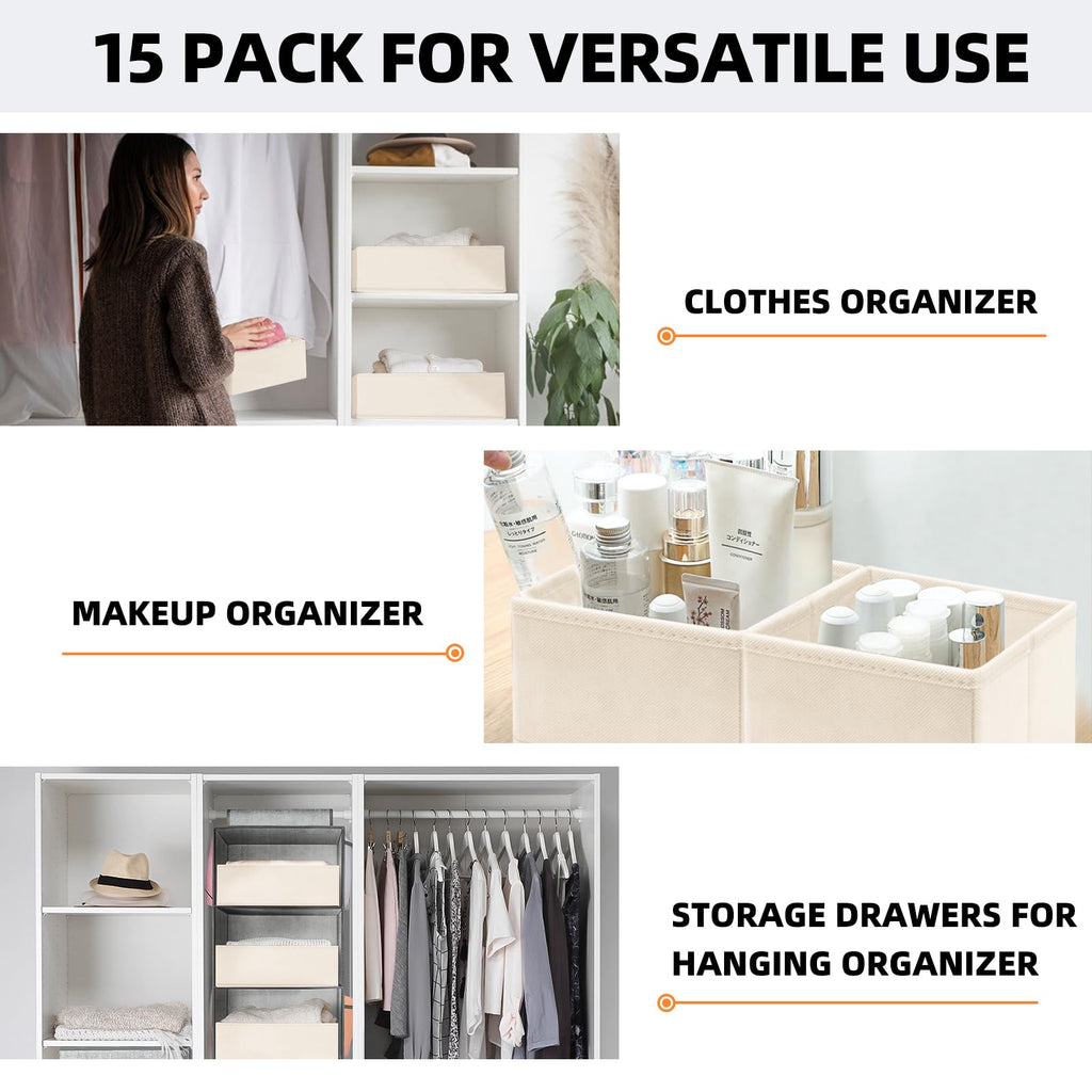 Criusia Closet Drawer Organizer Clothes, 15 Pack Dresser Organizer for Baby Clothes, Fabric Drawer Dividers for Nursery Bedroom (Beige)