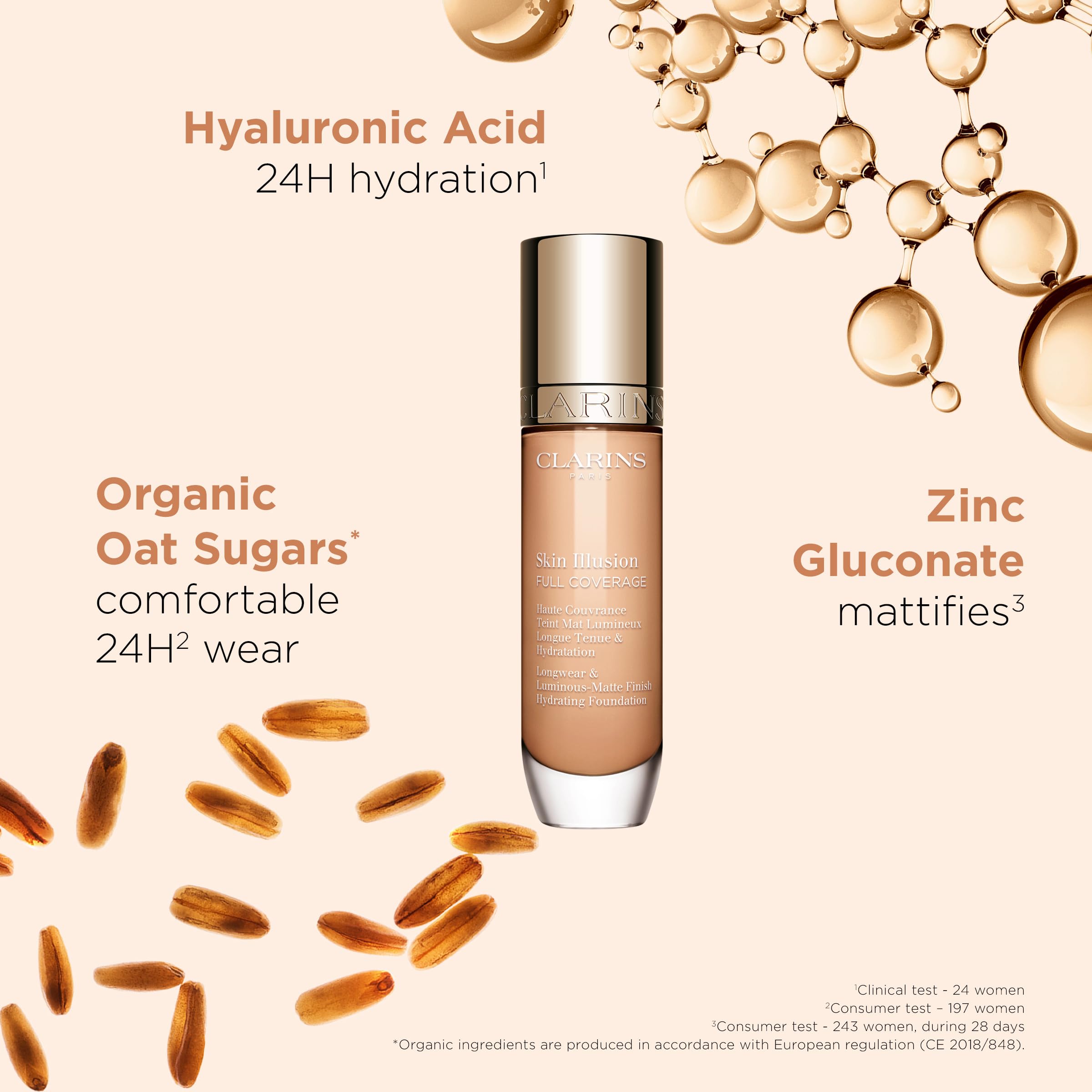 Clarins Skin Illusion Longwear Full Coverage Foundation|Luminous Matte Finish|24H Hold and 24H Hydration|Natural Looking|Transfer, Sweat and Smudge Proof| Contains Hyaluronic Acid|1 Fl Oz