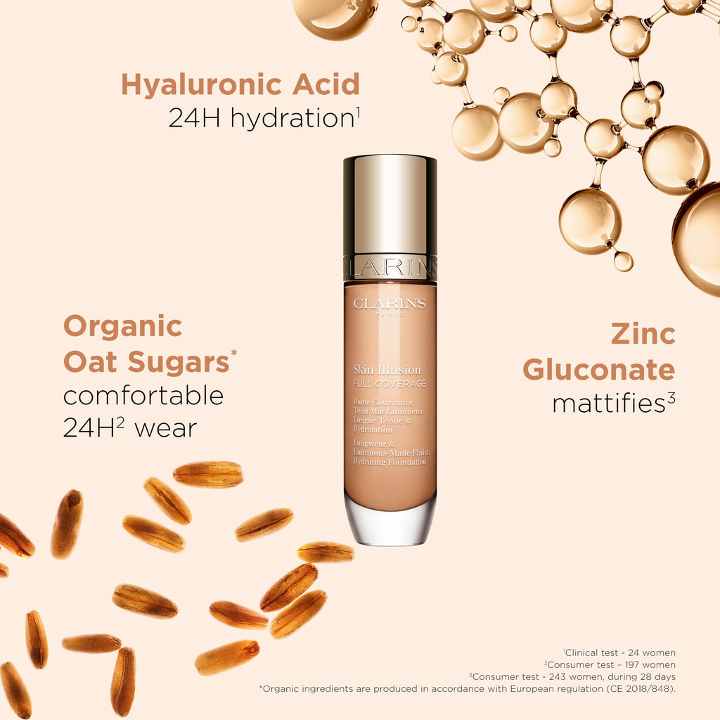 Clarins Skin Illusion Longwear Full Coverage Foundation|Luminous Matte Finish|24H Hold and 24H Hydration|Natural Looking|Transfer, Sweat and Smudge Proof| Contains Hyaluronic Acid|1 Fl Oz