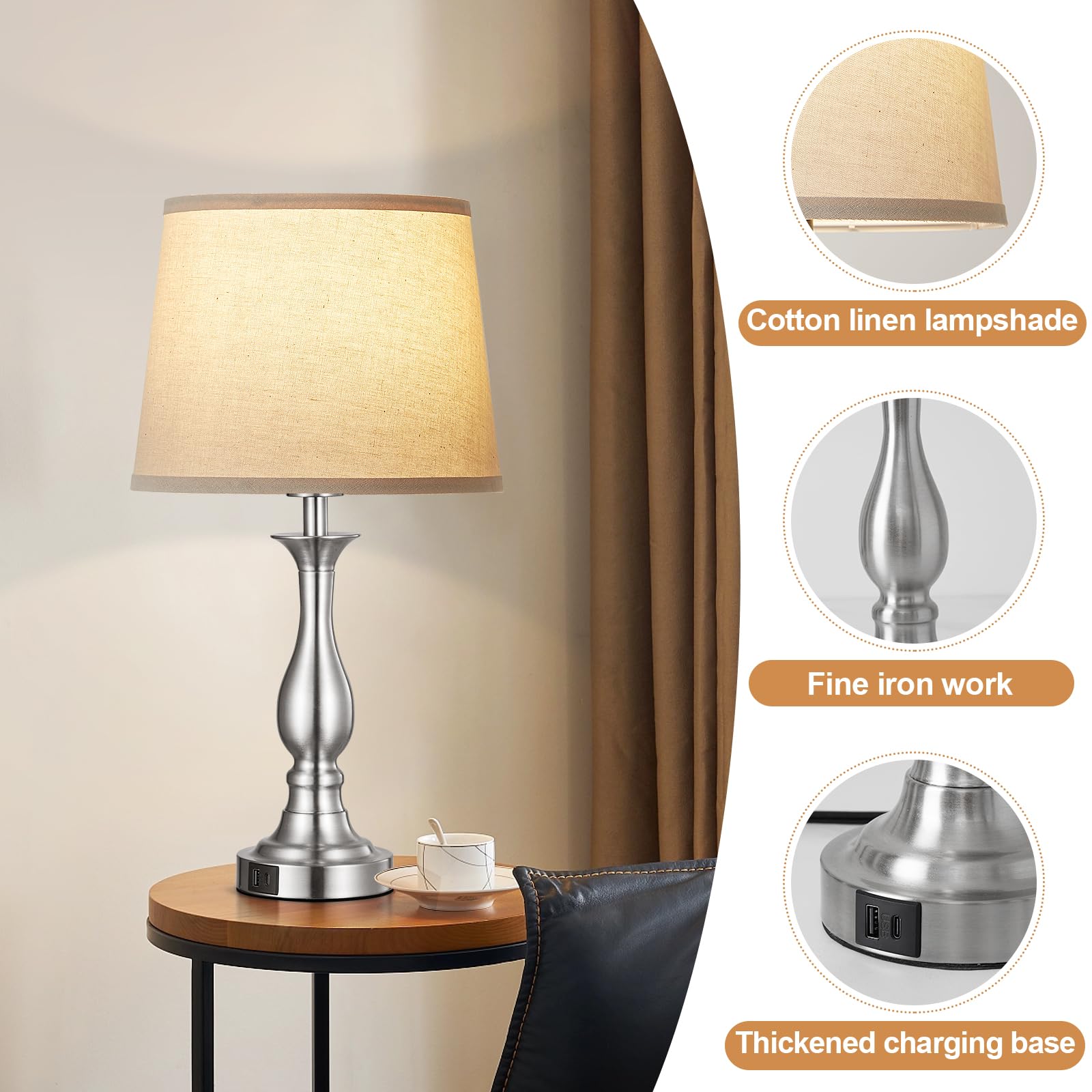 Bedside Table Lamp Touch Control Bedroom Lamps with USB A and C Charging Port 3 Way Dimmable Touch Lamps for Nightstand Living Room Bedroom Dorm Home Office Reading, Set of 2