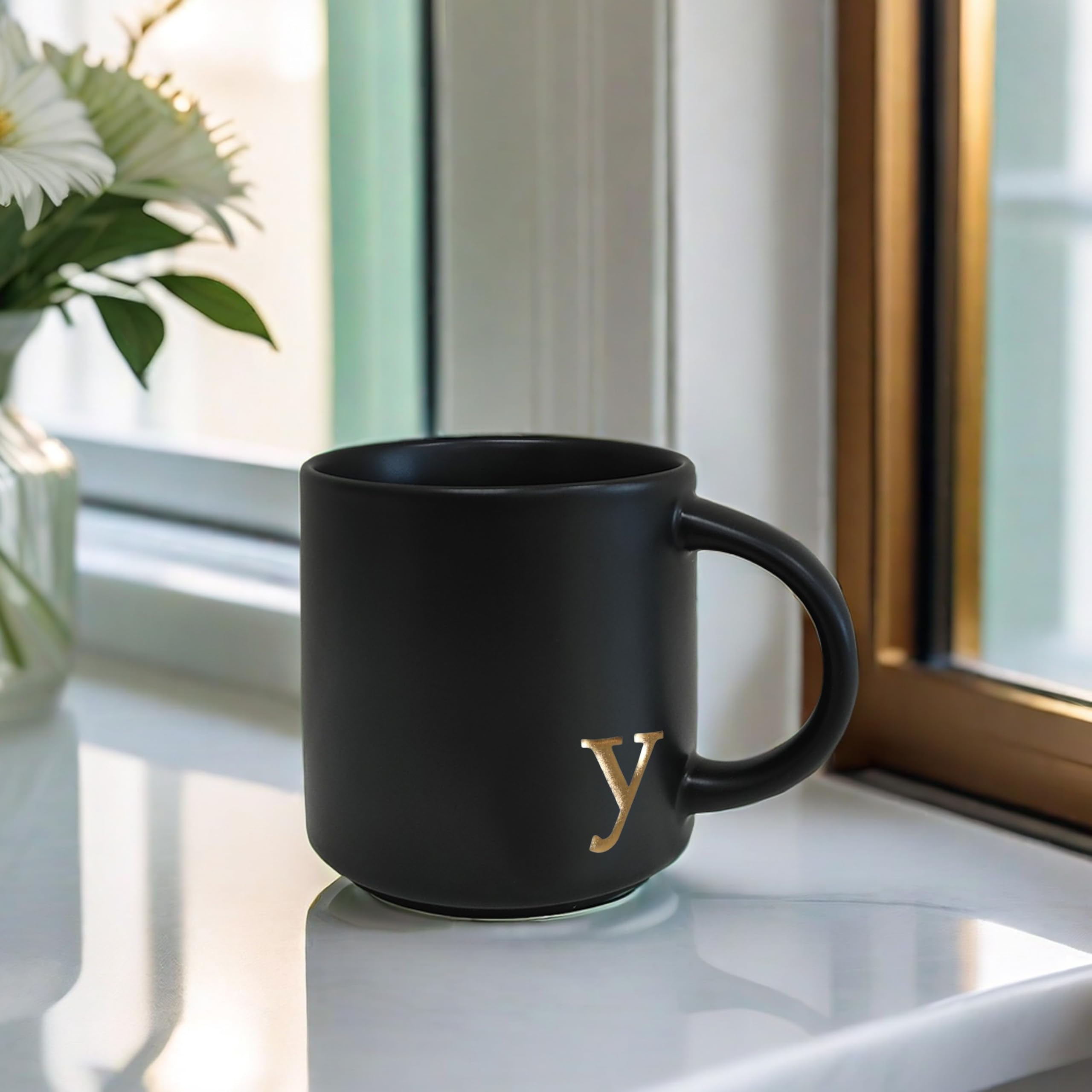 COLLECTIVE HOME - Black Monogram Ceramic Mugs, 15 oz Golden Initial Coffee Cups, Elegant Alphabet Tea Mugs, Personalized Halloween Mug with Gift Box, Perfect for Office and Home Décor (a)