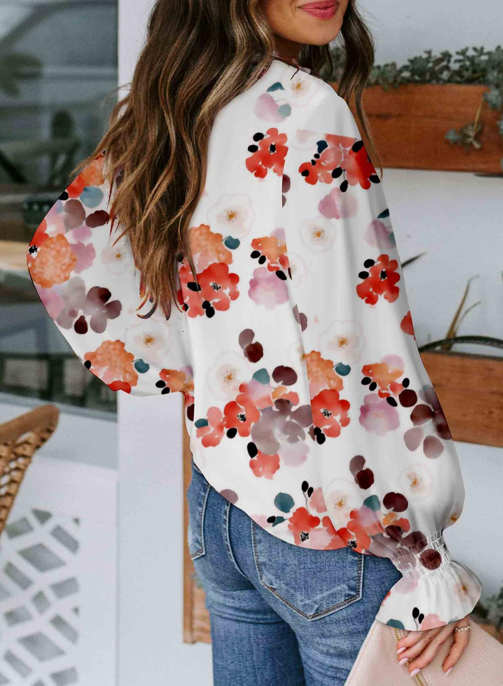 Biucly Women's Casual Boho Floral Print V Neck Long Sleeve Drawstring Tops Loose Blouses Button Down Shirts