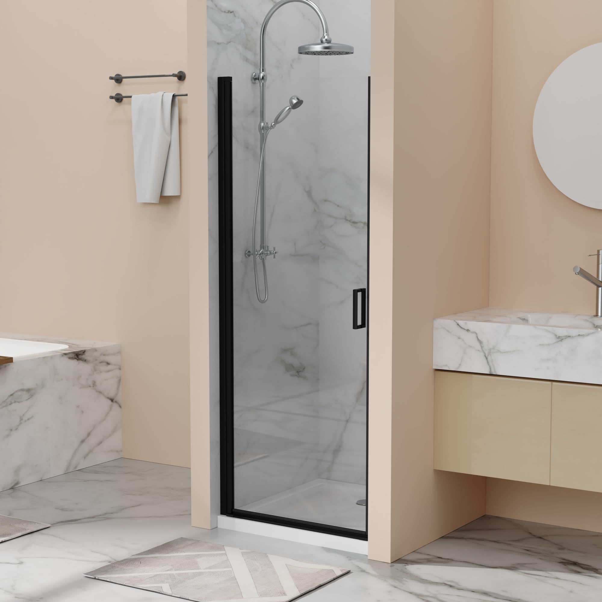 28” x 72” Pivot Shower Door, 1/4 inch Tempered Glass Panel Pivot Swing Shower Door in Matte Black Finish, Semi-Frameless Design