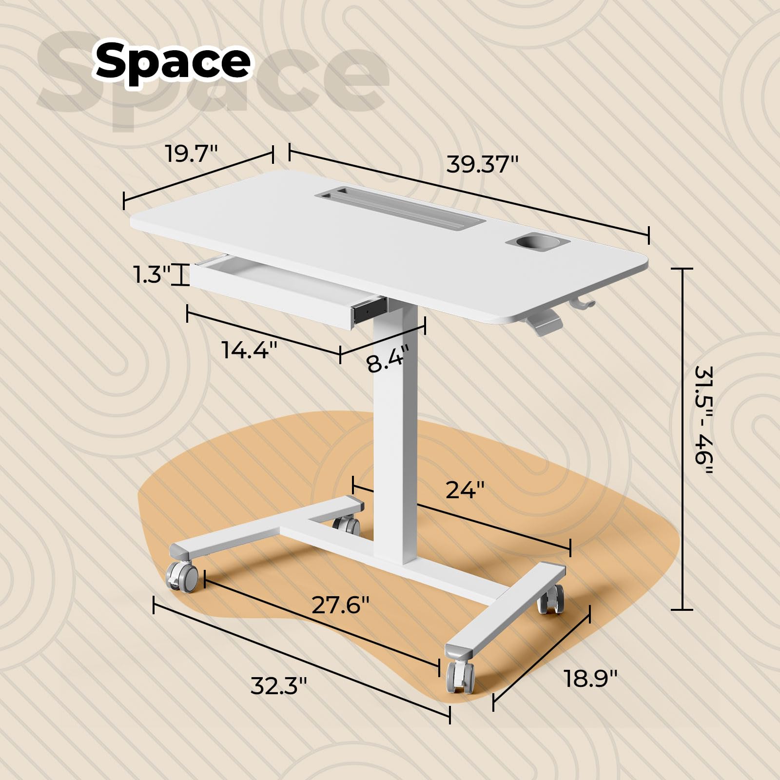 Small Mobile Standing Desk with Drawer, 23.6"x19.7" Rolling Laptop Cart on Wheels, Height Adjustable Sit Stand Computer Workstation with Storage for Compact Space, Black