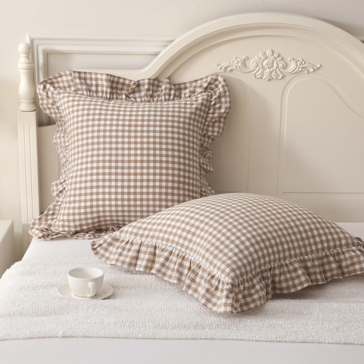 Silnuo Green/White Plaid Ruffled Queen Size Pillow Shams Set of 2,Washed Cotton Shabby Checkered Gingham Farmhouse Bed Pillow Covers 20"x30"
