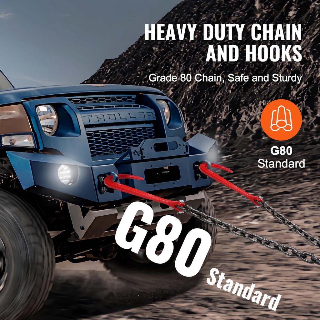 VEVOR G80 V Bridle Chain, 3/8" x 2' Towing Chain Bridle with 15" J Hooks, T Hooks & Grab Hooks, Heavy Duty Transport Tow Chain Bridle with 7800 lbs Safe Working Load for Flatbed Truck Wrecker Recovery
