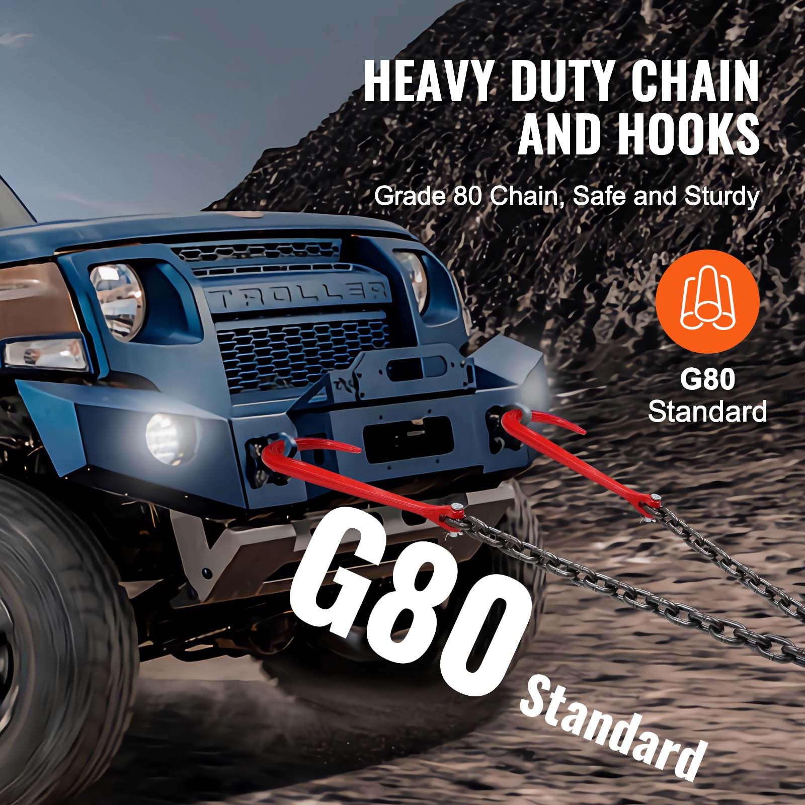 VEVOR G80 V Bridle Chain, 3/8" x 2' Towing Chain Bridle with 15" J Hooks, T Hooks & Grab Hooks, Heavy Duty Transport Tow Chain Bridle with 7800 lbs Safe Working Load for Flatbed Truck Wrecker Recovery