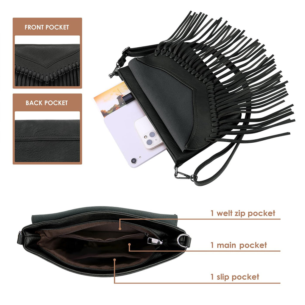 HDE Women's PU Leather Hobo Fringe Crossbody Tassel Purse Vintage Flap Envelope Handbag Western Sling Shoulder Bag