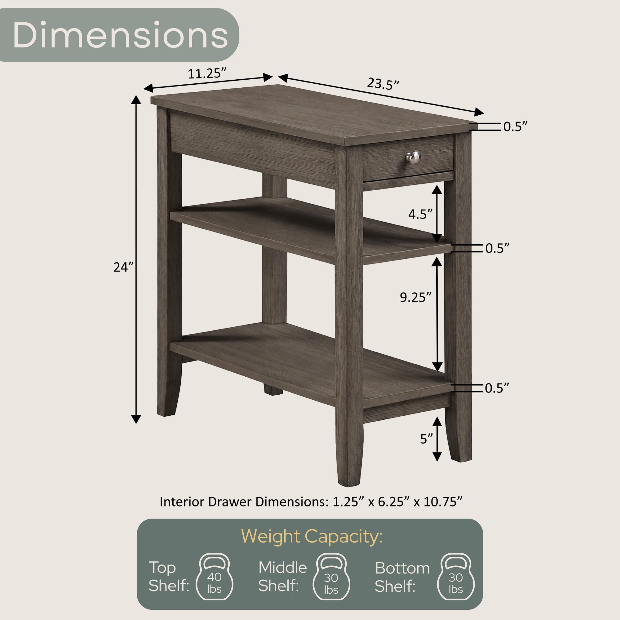 Convenience Concepts American Heritage Chairside End Table with Drawer 23.5" - Classic Living Room Table with Storage Shelf, Bedroom Nightstand, Black