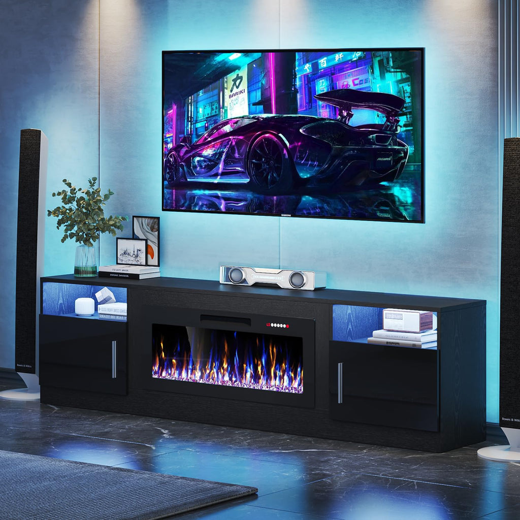 VITESSE 58 Inches Fireplace TV Stand for TVs up to 65 Inches Console with 18'' Electric Fireplace & Remote,Wooden Modern Entertainment Center for Living Room with LED Light Glass Shelves（Bei）