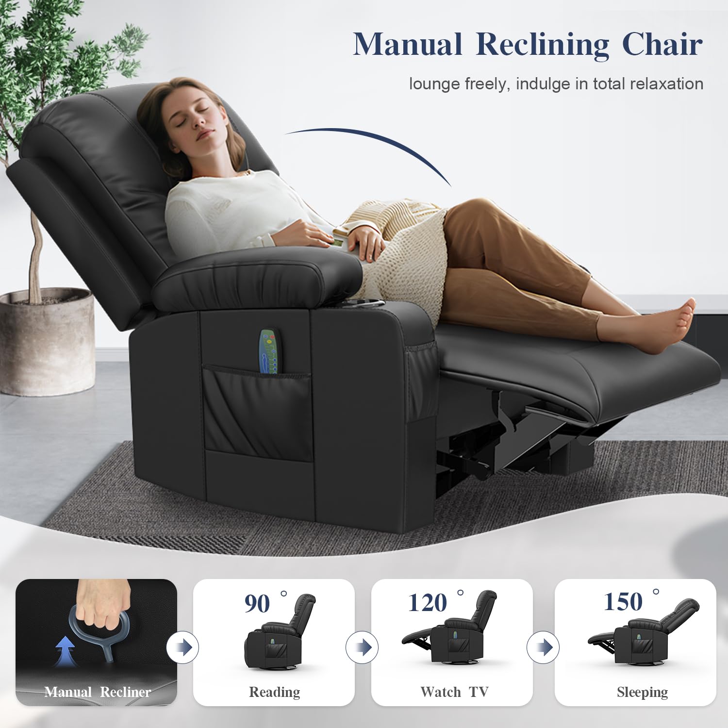 Recliner Chairs for Adults, FSC Certified Massage Reclining Chair with Heated Modern, Ergonomic Lounge Single Reclining Sofa Seat with Cup Holder & Pocket, Living Room Lounge Recliners Black