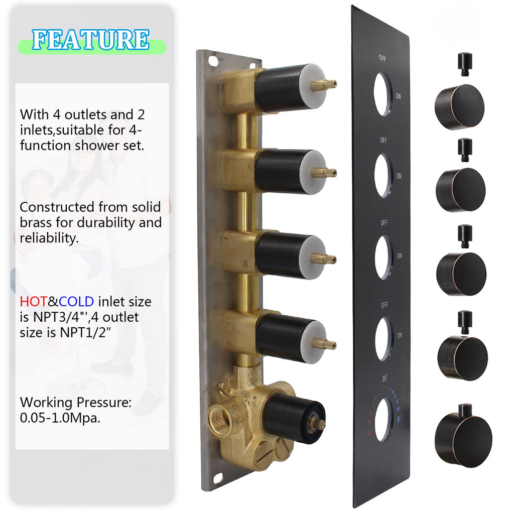 HOMEDEC 2 Way Shower Diverter Valve Brass Dual Functions Thermostatic Shower Mixing Valve Kit 3 Handle Flow Control Valve, 3/4 Inch Inlet, Can Use All Options At a Time, Matte Black