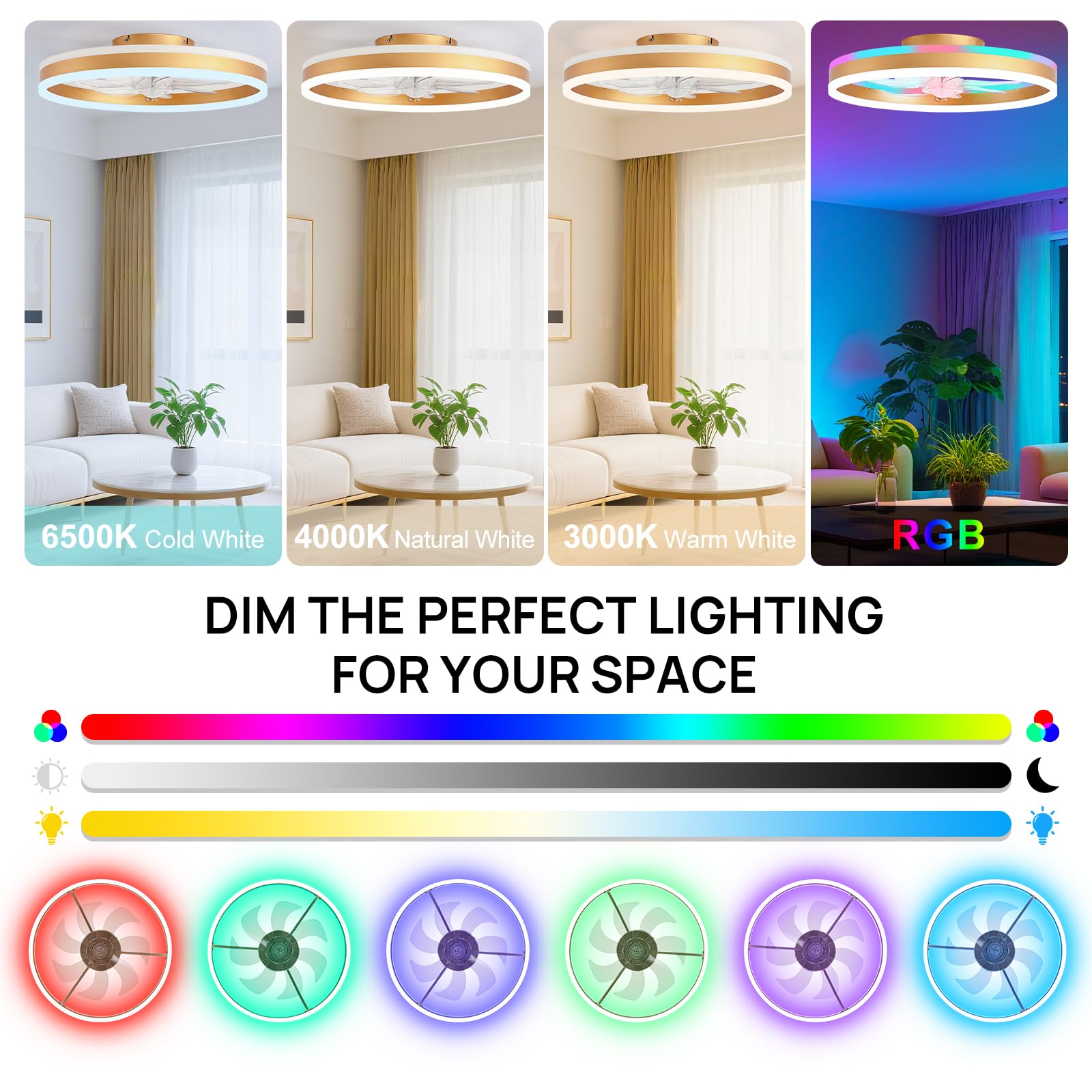16 Inch RGB Low Profile Ceiling Fans with Lights, Modern Flush Mount Fandelier Chandelier Fixture, Remote & APP Control, Black LED Ceiling Fan Light for Bedroom, Living Room, Kitchen Indoor
