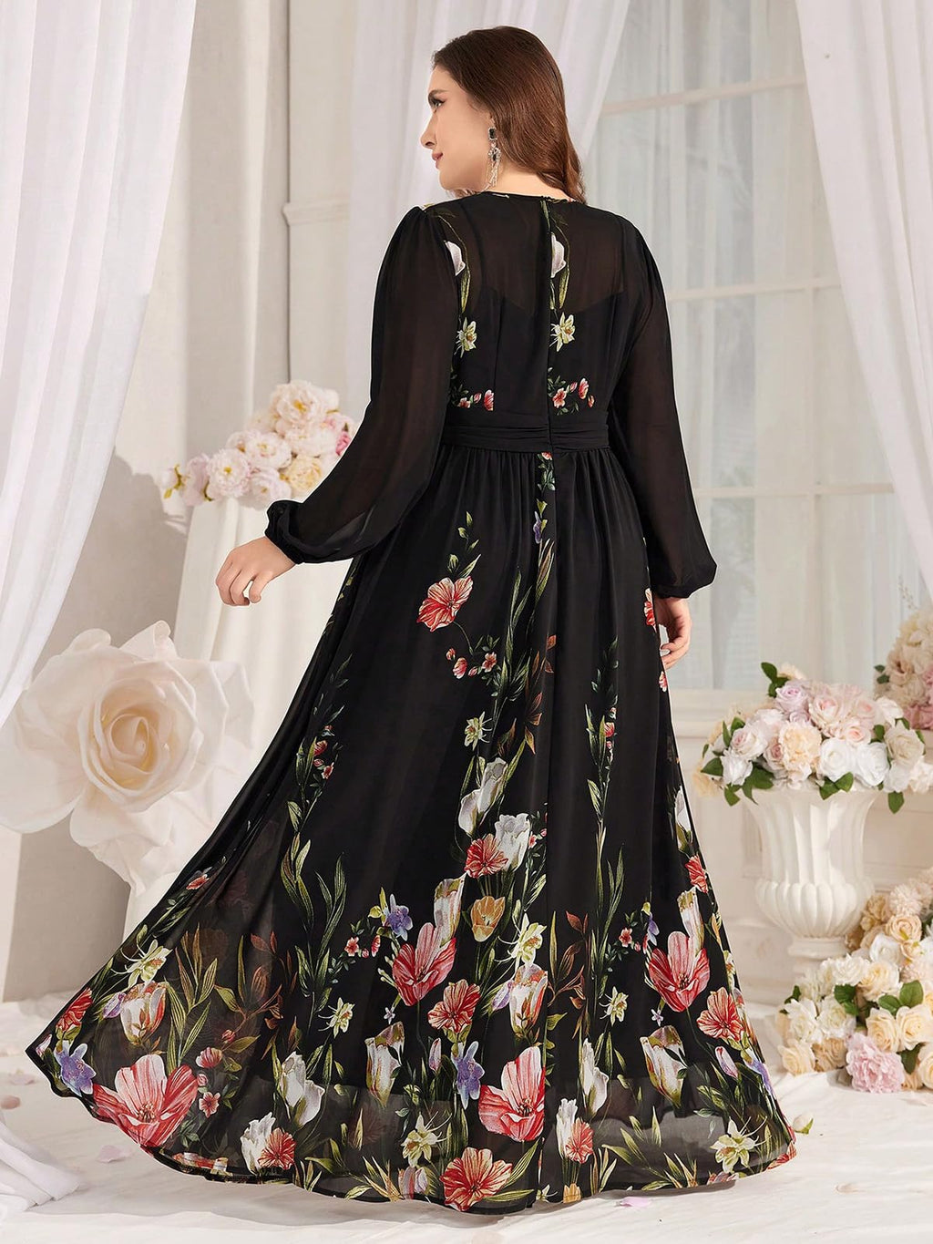 Spring Summer 2024 Plus Size Womens Dresses V Neck Casual Elegant Long Sleeve Floral Print Maxi Dress