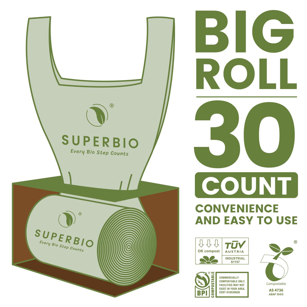SUPERBIO 1.6 Gallon Handle Tie Compostable Food Scrap Bags, Small Compost Bags with Handles, 50 Count, 2 Pack, BPI & OK compost INDUSTRIAL