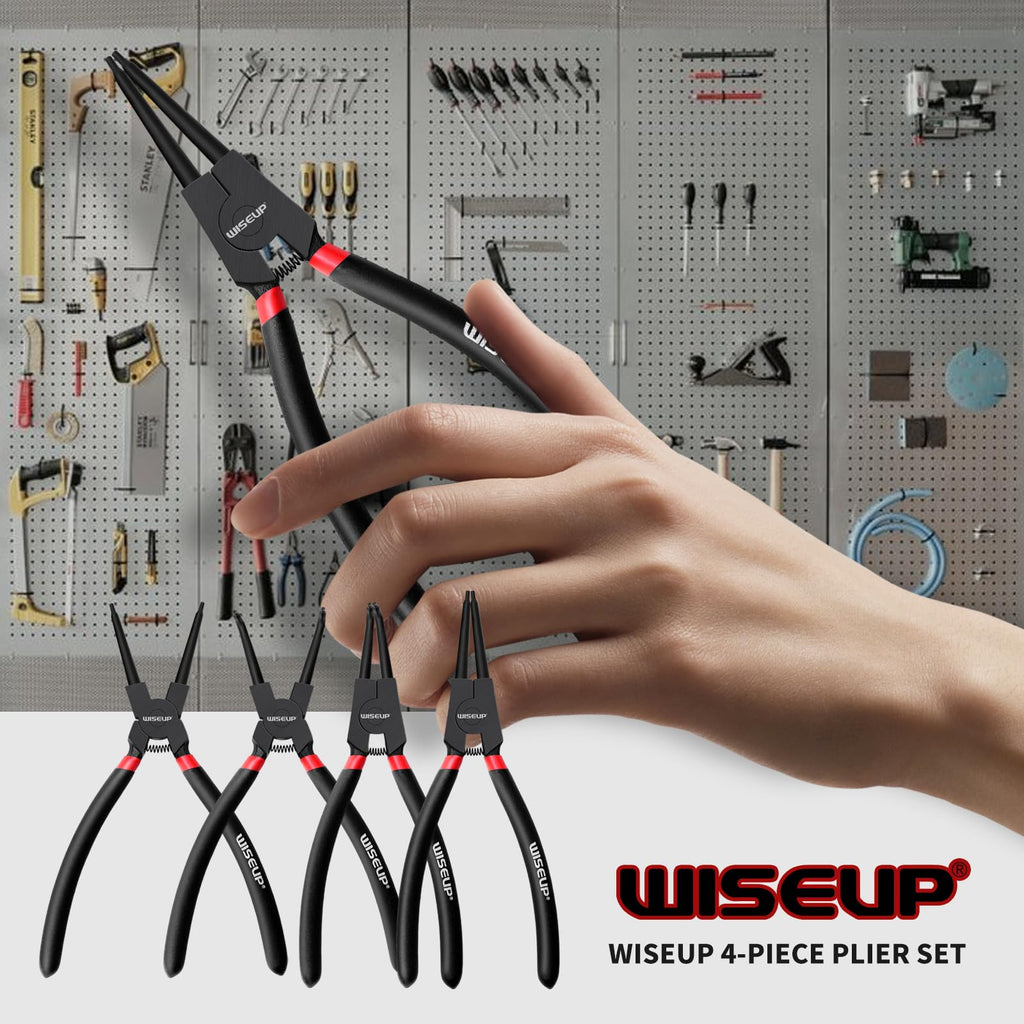 WISEUP Snap Ring Pliers Set, Heavy Duty 4PCS-7 inch Internal/External Circlip Pliers Kit, Straight/Bent Jaw Tips for C-Clip Ring Remover