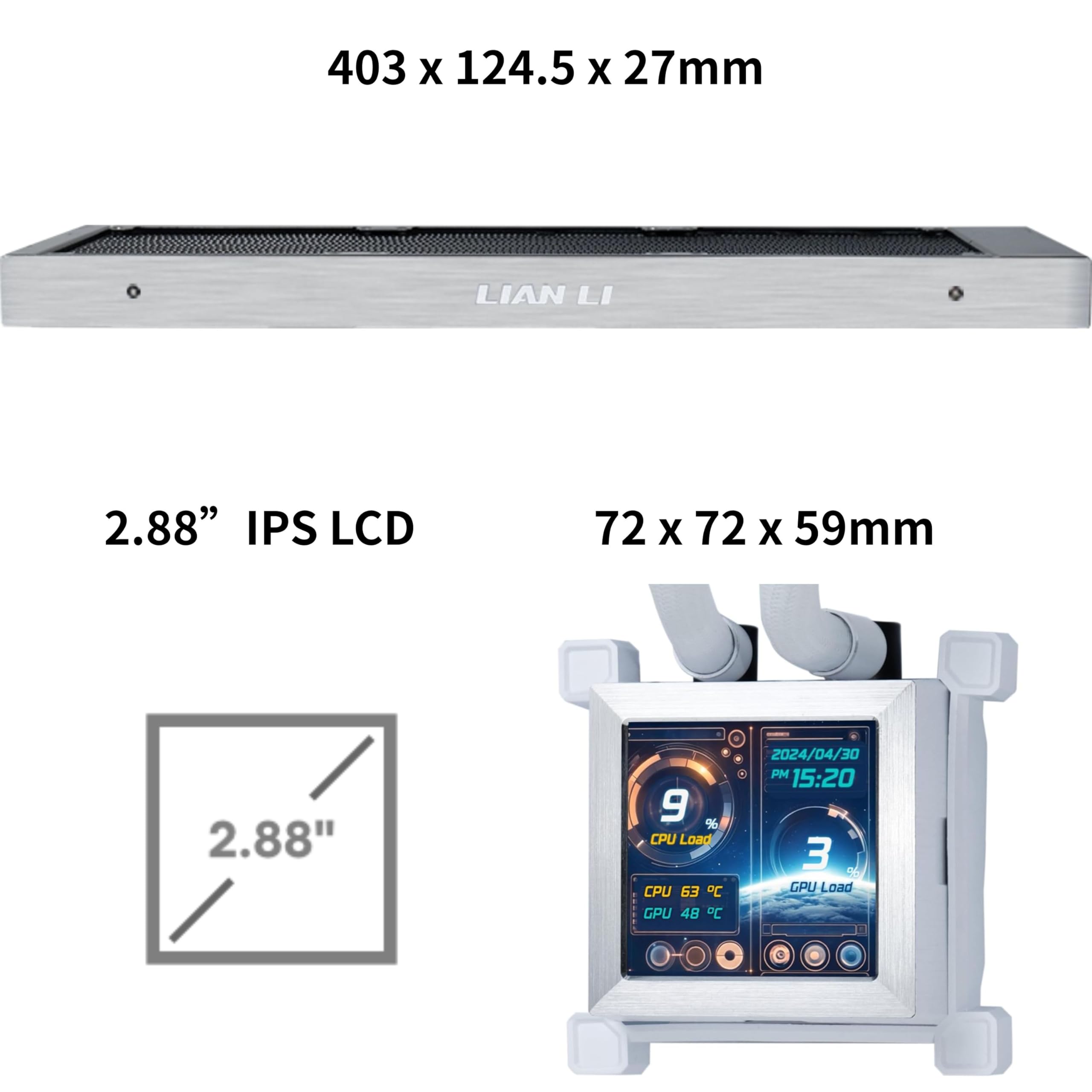 Lian Li Hydroshift LCD 360 Liquid Cooler - Flexible Side-Mounted Coolant Pathway, 2.88” LCD Screen - 480 x 480 Res. - Captured Screenshots or Recorded Videos - Fits Most PC Fans - Black (HSLCD36NB)