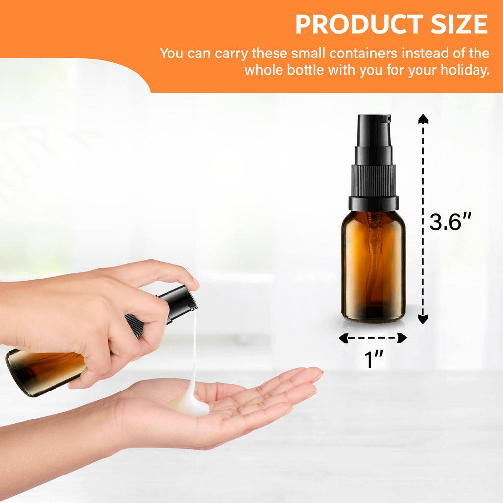 VitalUp Empty Refillable Glass Amber Pump Bottle Ideal for Lotion Cream Essential Oil Travel Small Container - 2 Pack (50ml)