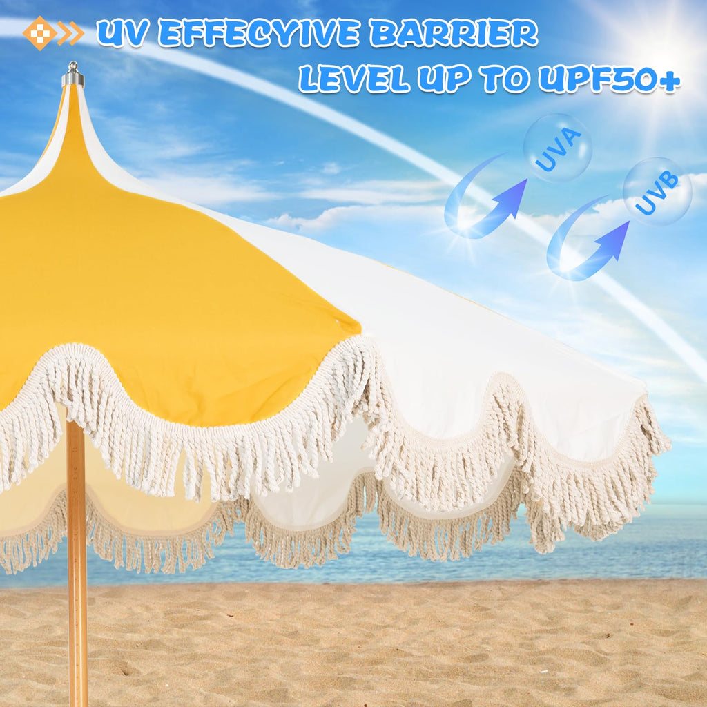6.5ft Pagoda Beach Umbrella with Fringe, UPF 50+ Boho Umbrellas with Carry Bag, Premium Wood Pole Foldable Tassel Umbrella for Outdoor Garden Lawn Pool Yard Table