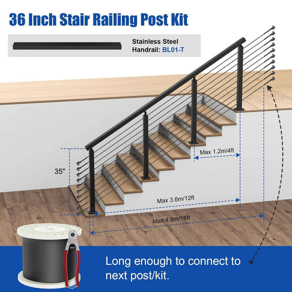 BLIKA 36" Cable Railing Corner Post, 304 Stainless Steel, 2-Side Drilled Adjustable Top Corner Post, Surface Mount Matte Black Cable Railing System Corner Post