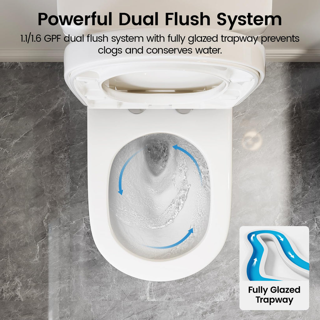 Compact One Piece Toilet for Bathroom, Space-Saving Powerful Dual Flush Round Small Toilet, Average 1.28 GPF, Skirted Design with Upgraded UF Quiet & Soft Close Seat (10" Rough-in Toilet)