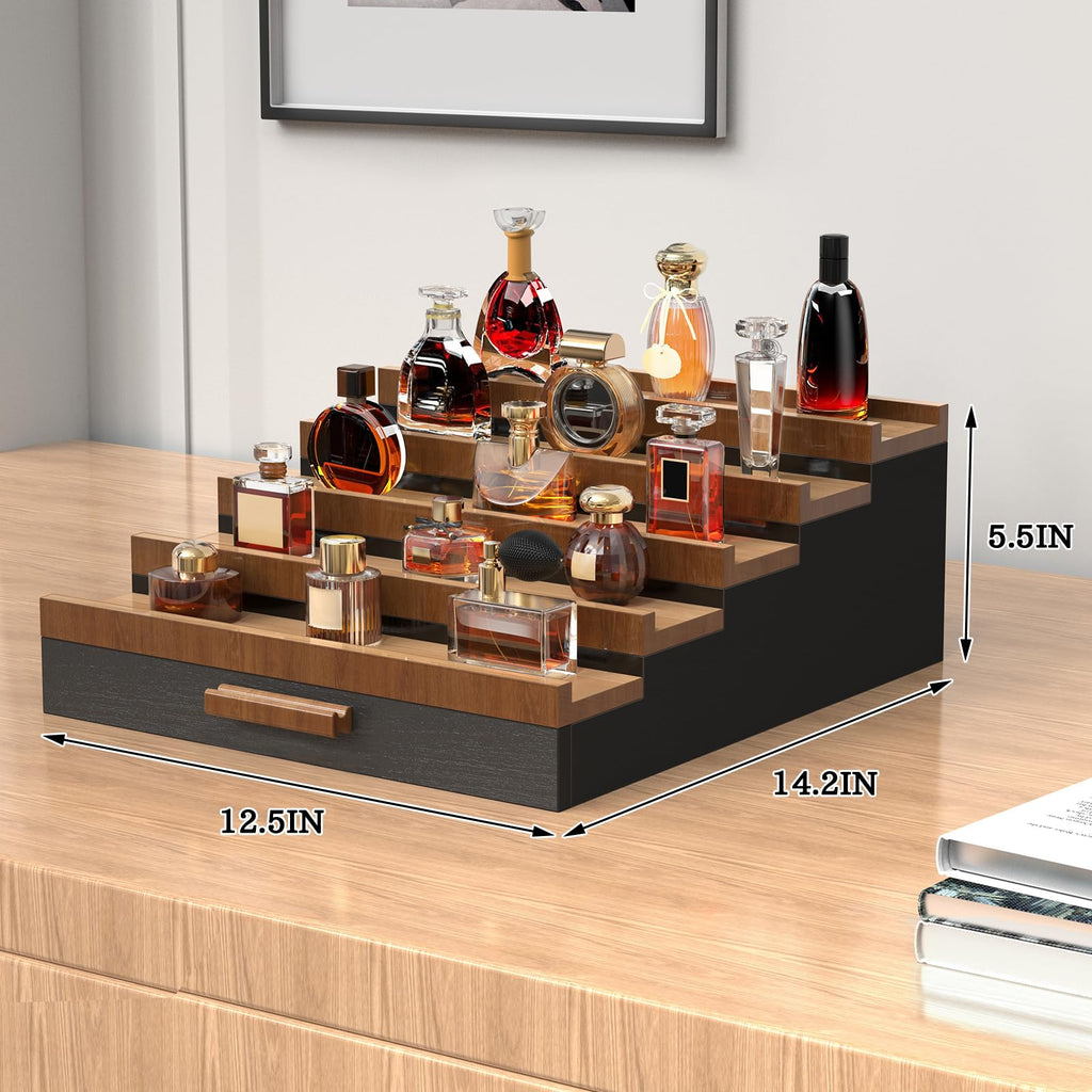 Wooden Cologne Organizer for Men 4 Tier of Perfume Display Holder of Drawer & 2 Hidden Compartments Larger Storage Space Mens Perfume Organizer Shelf Stand,Gift for Man (4T-Black Walnut)