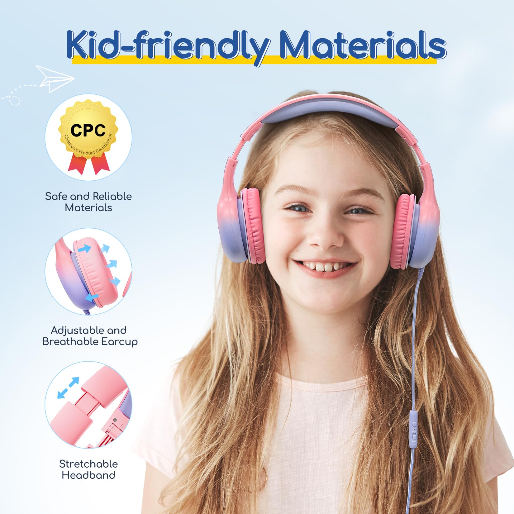 EarFun K1 Kids Headphones Wired with Microphone, 85/94dB Volume Limit Headphones for Kids, Portable Wired Headphone with Shareport, Stereo Sound Foldable Headset for School/Tablet/iPad, Black Red