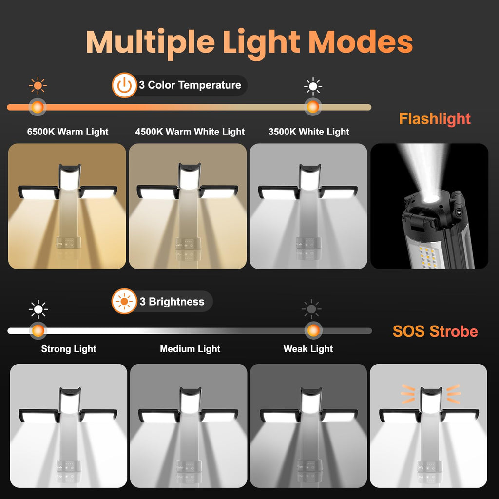CAVN Rechargeable Camping Lights with Stand 6.0 ft Max Height, Portable Cordless LED Work Light 2200 Lumens 6500/4500/3500K Dimmable Camping Essentials Gear with Detachable Tripod, Black