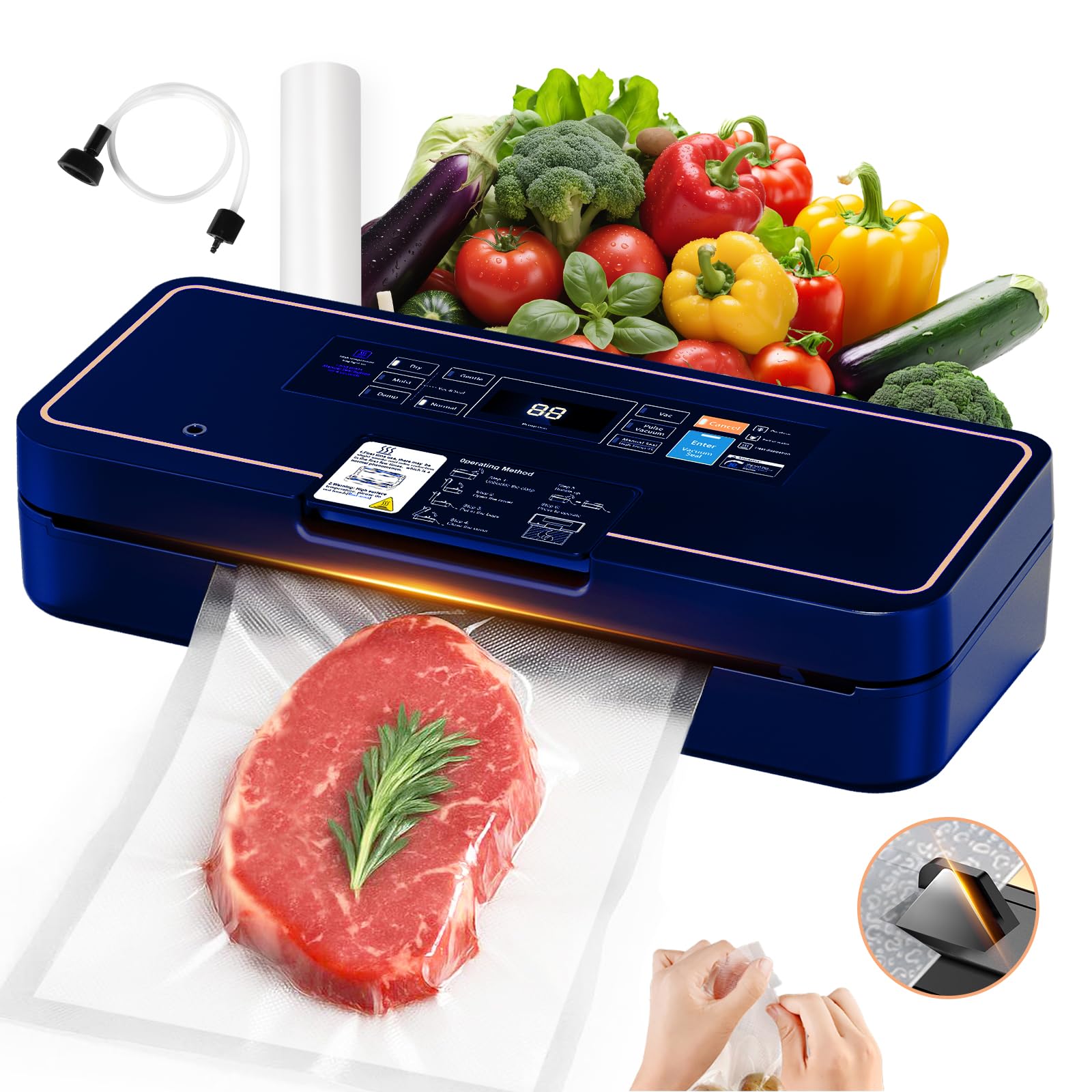Vacuum Sealer for Food, 95kPa Food Vacuum Saver Sealer Machine, 12L/min 135W Fast-Sealing with Auto Tear-Cut,Digital Timer, Built-in Bag Storage, Cutter and One Bag Roll, 9-in-1 Compact Vacuum Sealer
