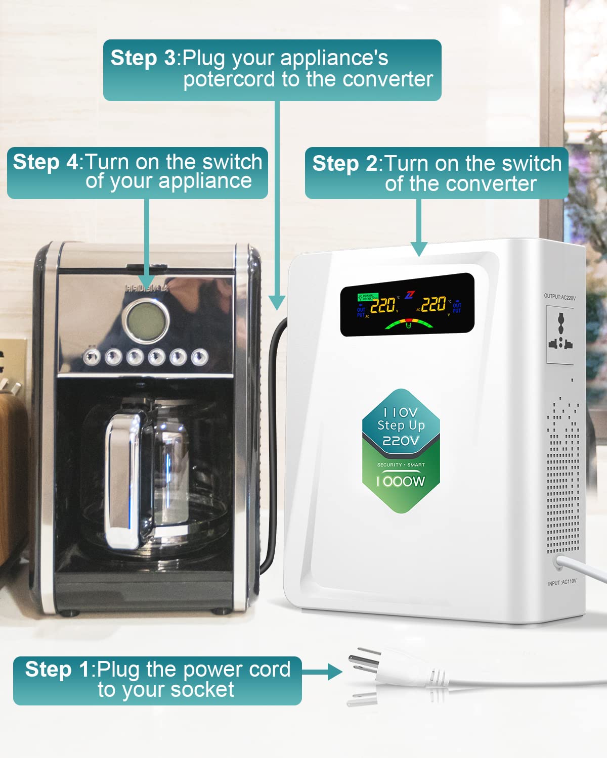 220v to 110v Step Down Transformer 1000W Power Voltage Converters, No Noise, Ten Protection Functions, Suit for Coffee Machines, Rice Cookers and Other US Appliances Used in Europe
