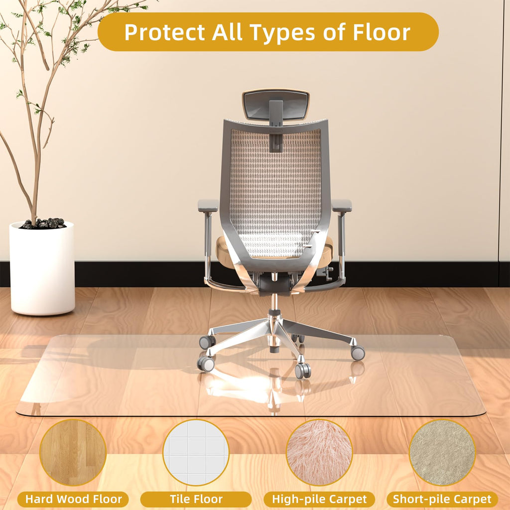 Tempered Glass Chair Mat 48" x 32",1/5" Thick for Office Desk,Rolling Chair Mat for Carpet, Odorless, Easy to Clean with 4 Non-Slip Pads for Carpet & Hardwood Floors