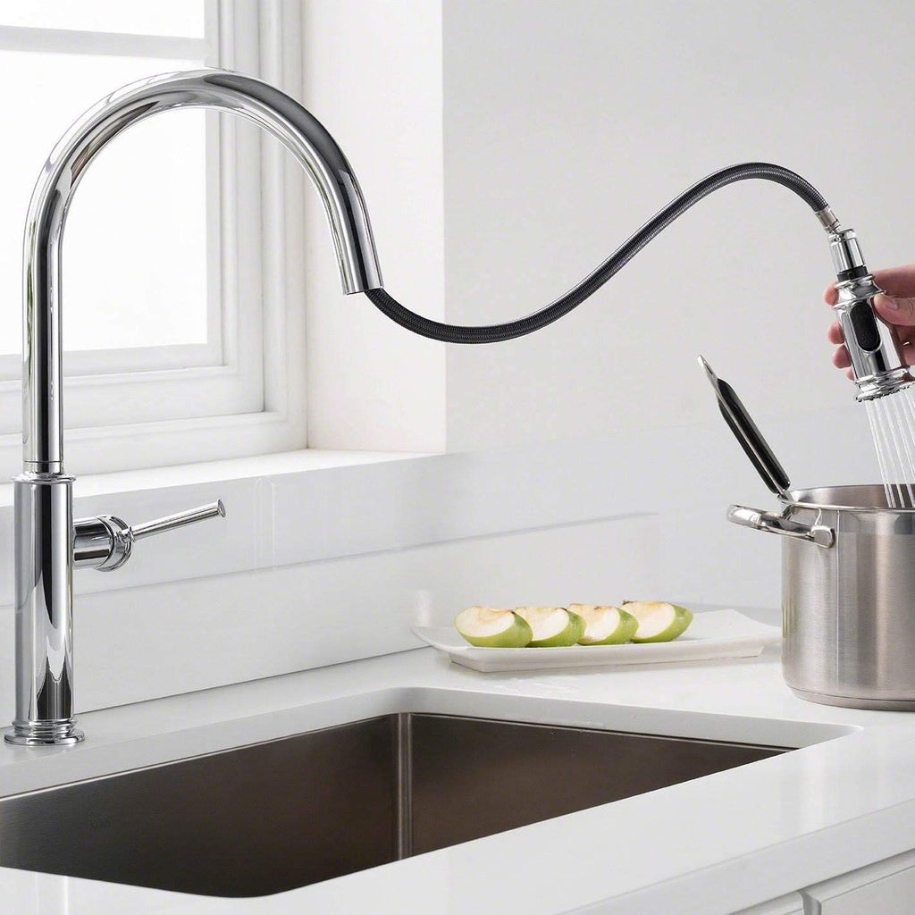KRAUS Allyn Transitional Bridge Kitchen Faucet with Pull-Down Sprayhead in Brushed Gold, KPF-3121BG