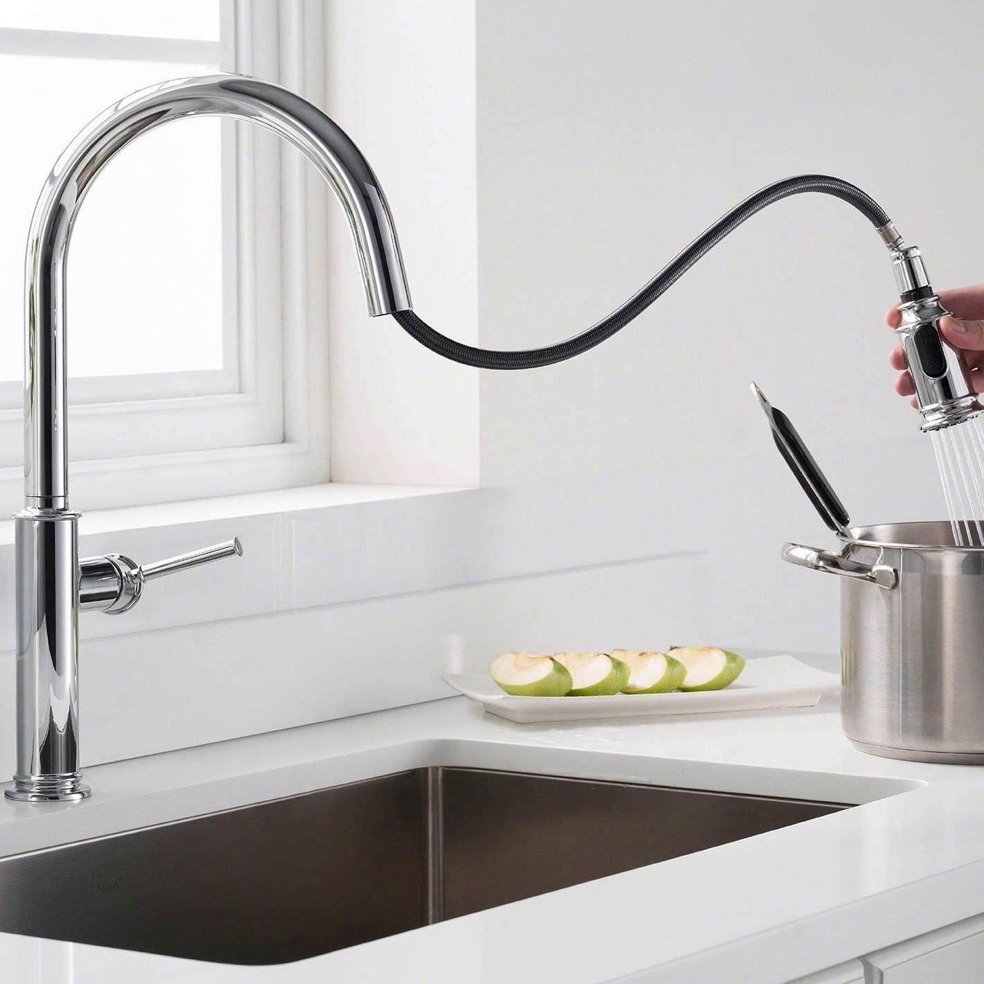 KRAUS Allyn Transitional Bridge Kitchen Faucet with Pull-Down Sprayhead in Brushed Gold, KPF-3121BG