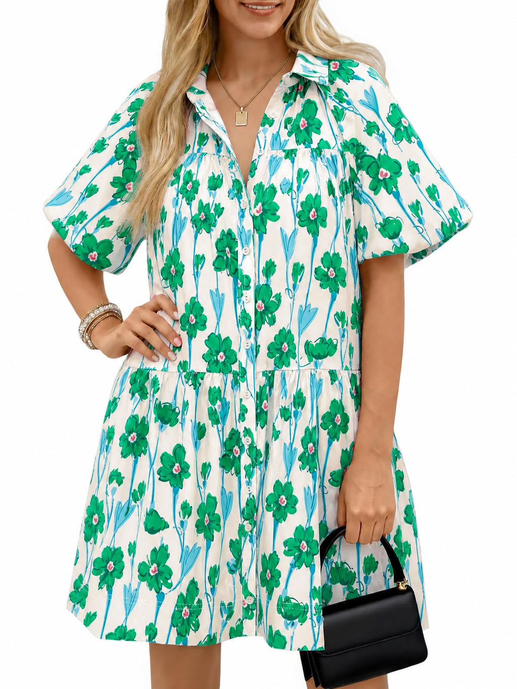 Wenrine Women's Summer Button Down Shirt Dress Floral Puff Short Sleeve Casual Loose Fit Beach Mini Dresses