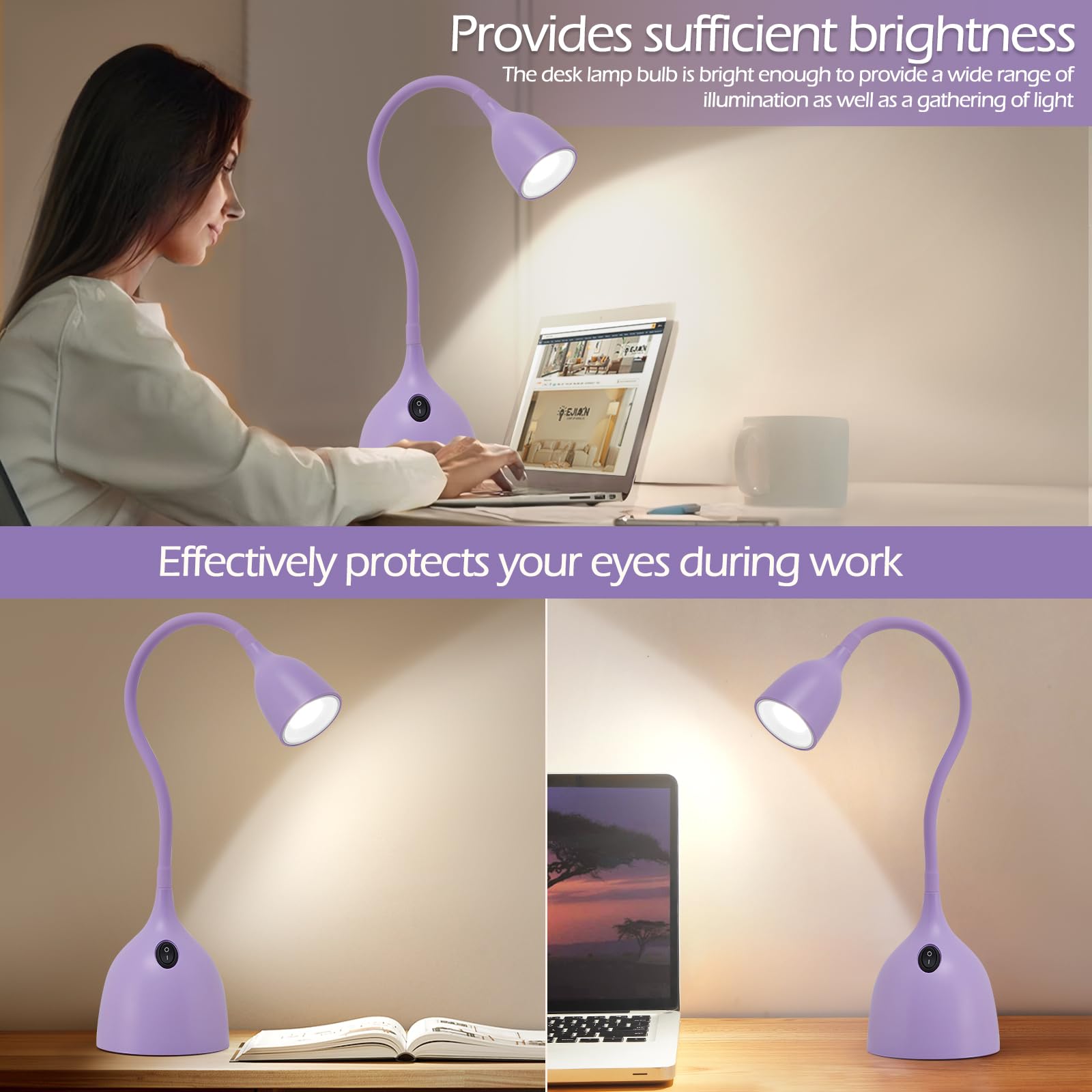 EJIAXIN Gooseneck Desk Lamp 360° LED Flexible Reading Light Small Desk Lamps for Small Spaces Home Office Bedroom College Dorm Desk Bookshelf Nightstand Table Lamp (Purple)