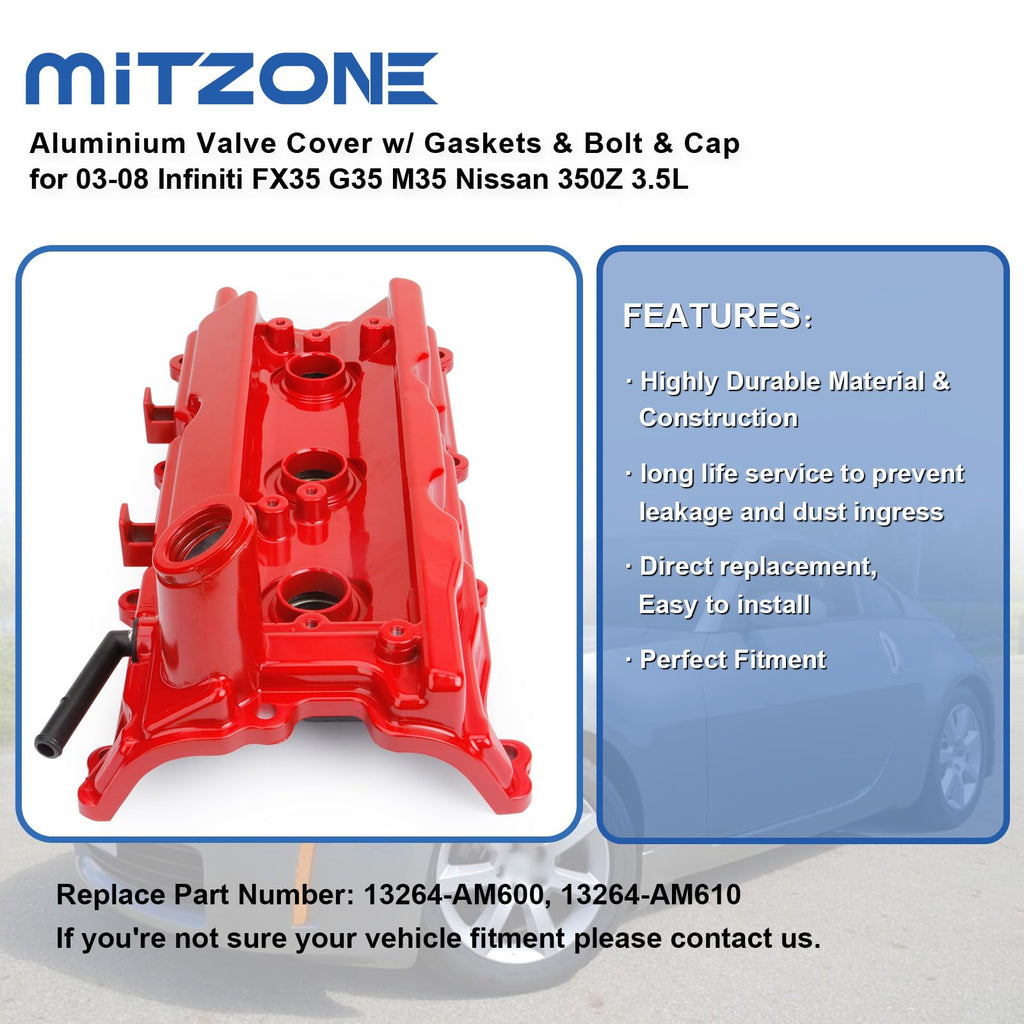 MITZONE Engine Valve Cover Set with Bolts & Oil Cap & Gaskets & Spark Plug Tube Seals & P CV Cover Compatible with 2003-2008 Nissan 350Z Infiniti FX35 G35 M35 VQ35DE 3.5L Part# 13264AM600 13264AM610