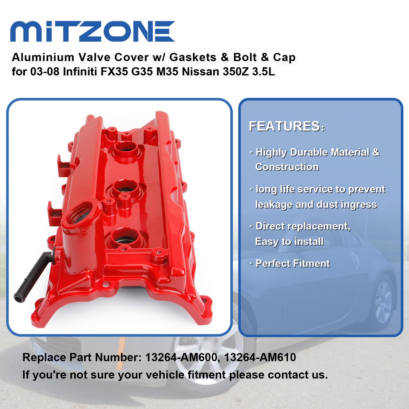 MITZONE Engine Valve Cover Set with Bolts & Oil Cap & Gaskets & Spark Plug Tube Seals & P CV Cover Compatible with 2003-2008 Nissan 350Z Infiniti FX35 G35 M35 VQ35DE 3.5L Part# 13264AM600 13264AM610
