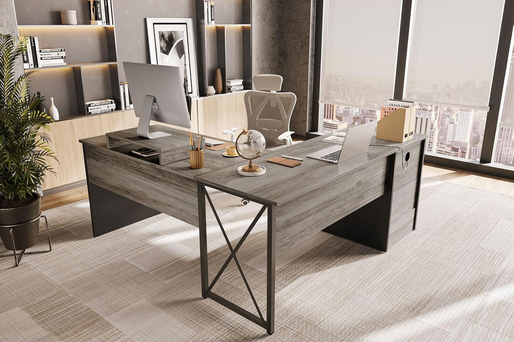 Bestier L Shaped Standing Desk with Lift Top, 55"x55" Standing Corner Desk for Home Office, Computer Desk with Reversible File Drawer and Monitor Stand, Grey Wash