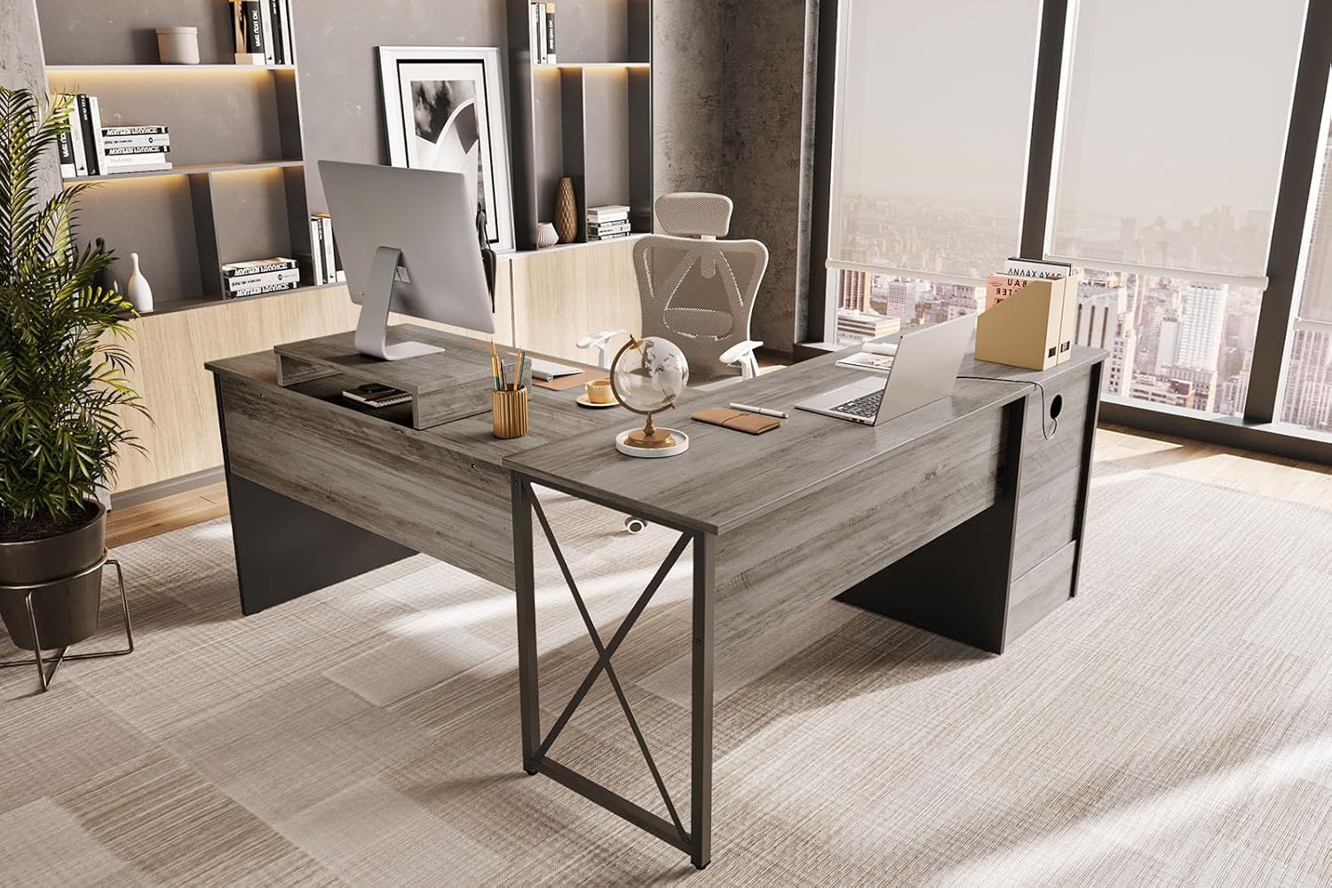 Bestier L Shaped Standing Desk with Lift Top, 55"x55" Standing Corner Desk for Home Office, Computer Desk with Reversible File Drawer and Monitor Stand, Grey Wash