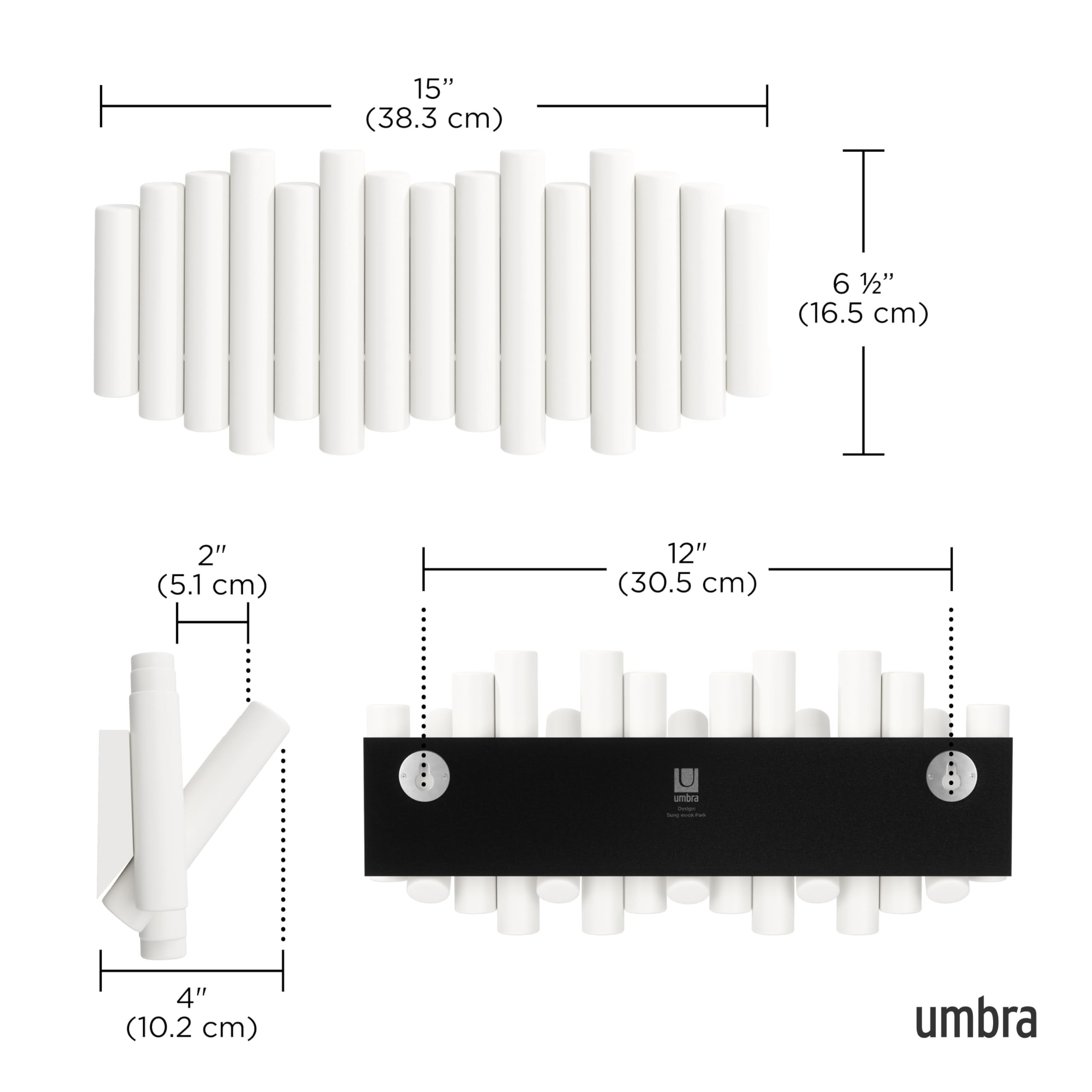 Umbra Picket Wall-Mounted Coat Rack Rail Hook with 5 Retractable Wood Pegs – Modern, Space-Saving Storage Organizer, Black