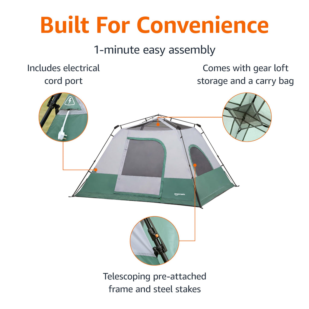Amazon Basics Instant Camping Tent with Rainfly, Weather-Resistant, Quick Setup