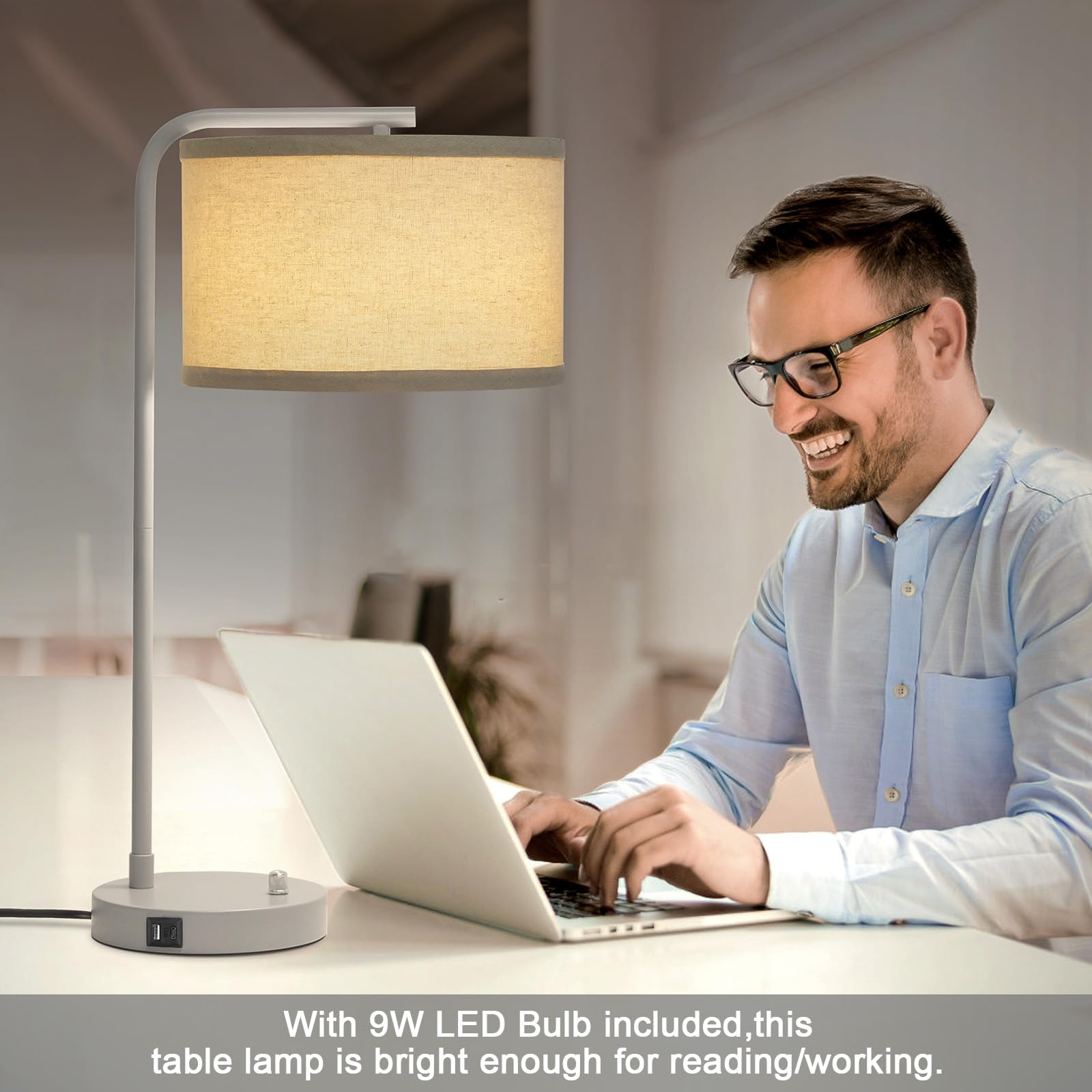 Table Lamps Set of 2, Fully Dimmable Bedside Lamp with USB C+A Charging Ports, Modern Nightstand Lamps with Linen Fabric Shades, Tall Desk Lamp for Bedroom, Living Room, Office, LED Bulb Included