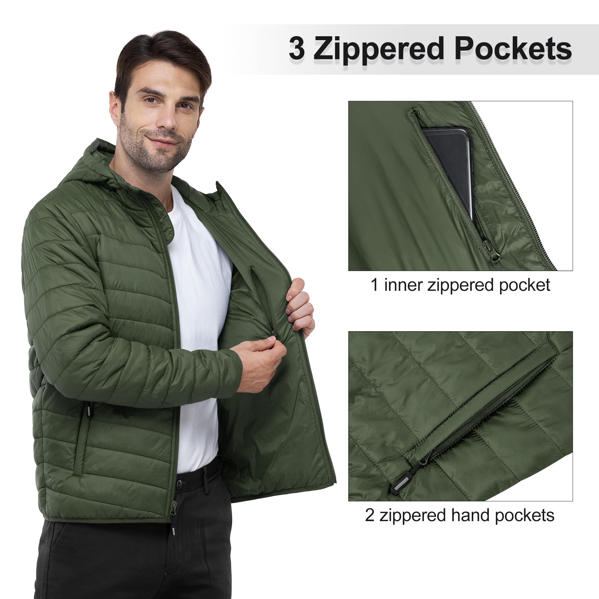Outdoor Ventures Men's Lightweight Packable Hooded Puffer Jacket Insulated Winter Coat for Snow Ski Traveling