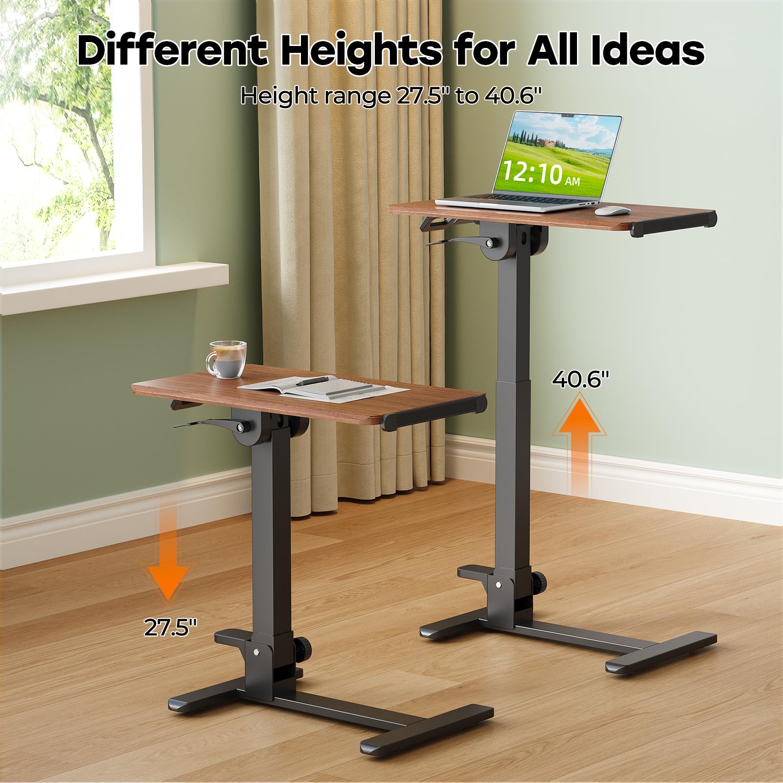 Foldable Mobile Standing Desk, 27 Inch Small Rolling Laptop Cart Height Adjustment, 90° Tiltable Sofaside Table, No Assembly Needed Portable Computer Workstation, Black