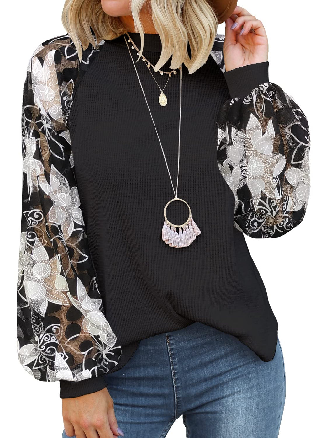 MIHOLL Women's Long Sleeve Tops Lace Casual Loose Blouses Shirts Dressy Outfits